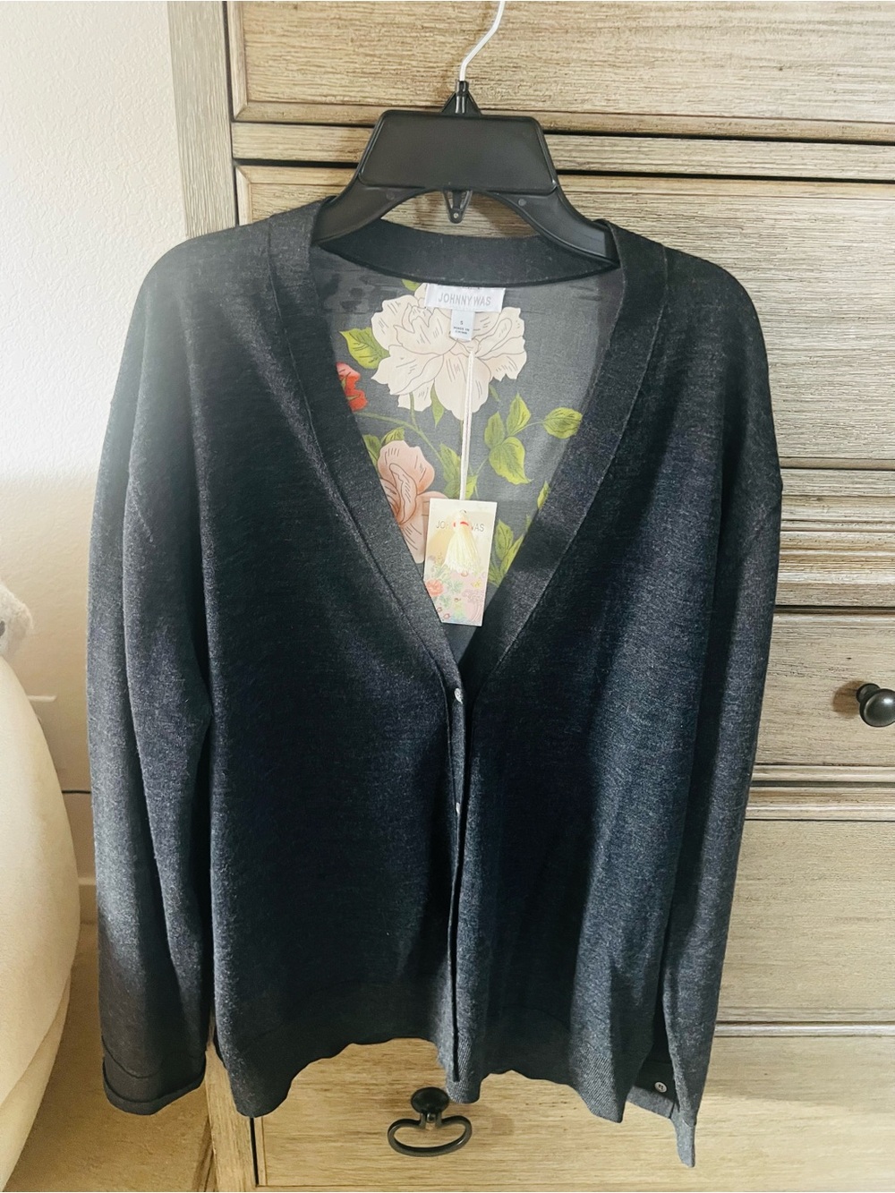 Johnny Was Black V-Neck Floral-Lined Cardigan